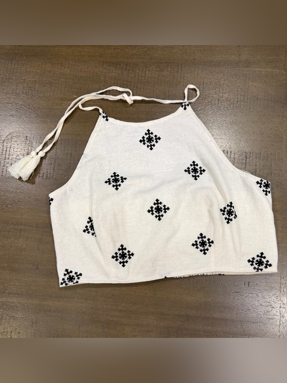 House of Harlow 1960 Cream Linen Blend Halter Crop Top with Black Embroidery L